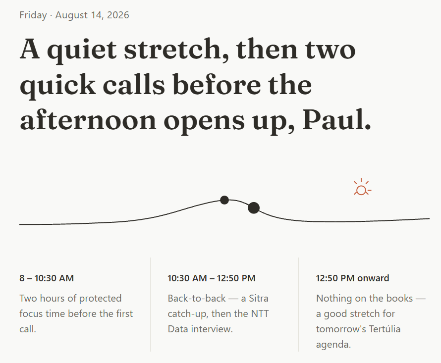 Minimalist schedule graphic with headline text, timeline dots, and three time blocks for Friday.